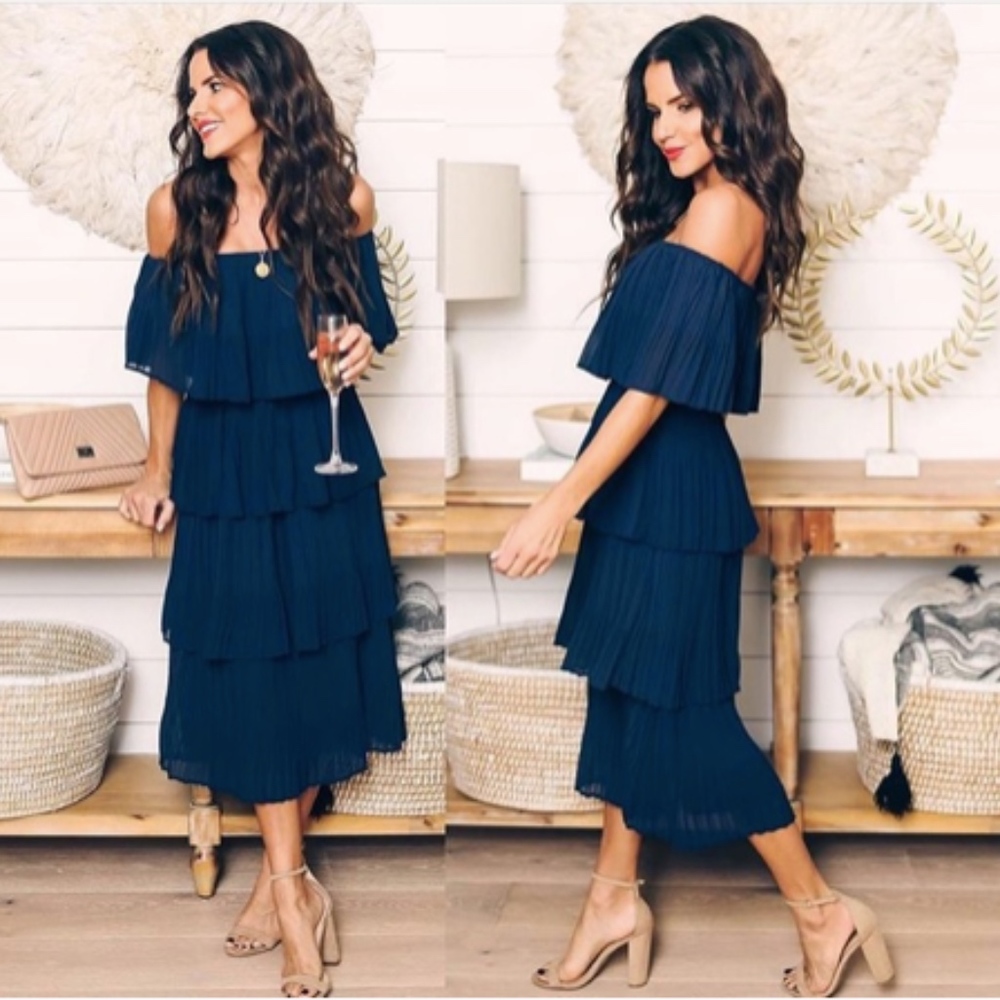 Strapless Pleated Midi Navy Dress